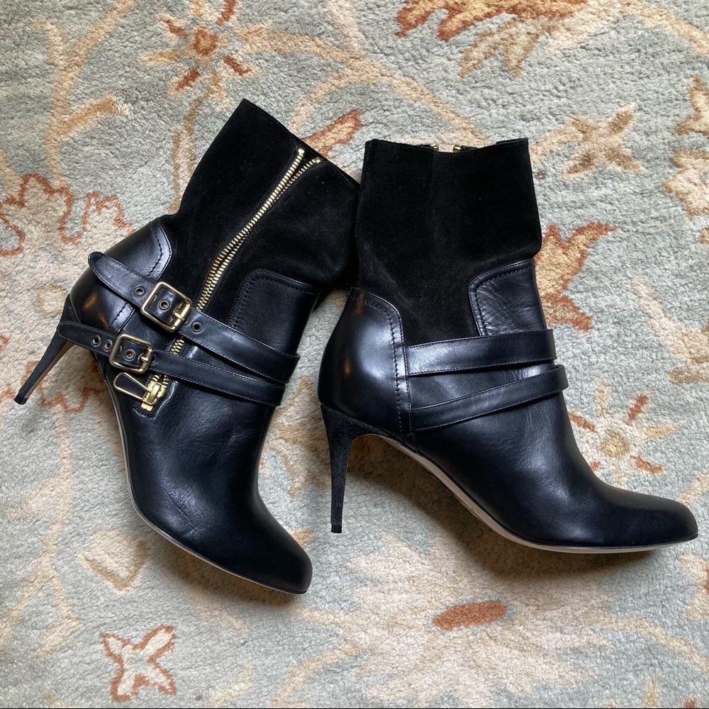 NWT Paul Andrew 8.5 Black Suede Leather Booties Gold Zipper High Heel Buckle